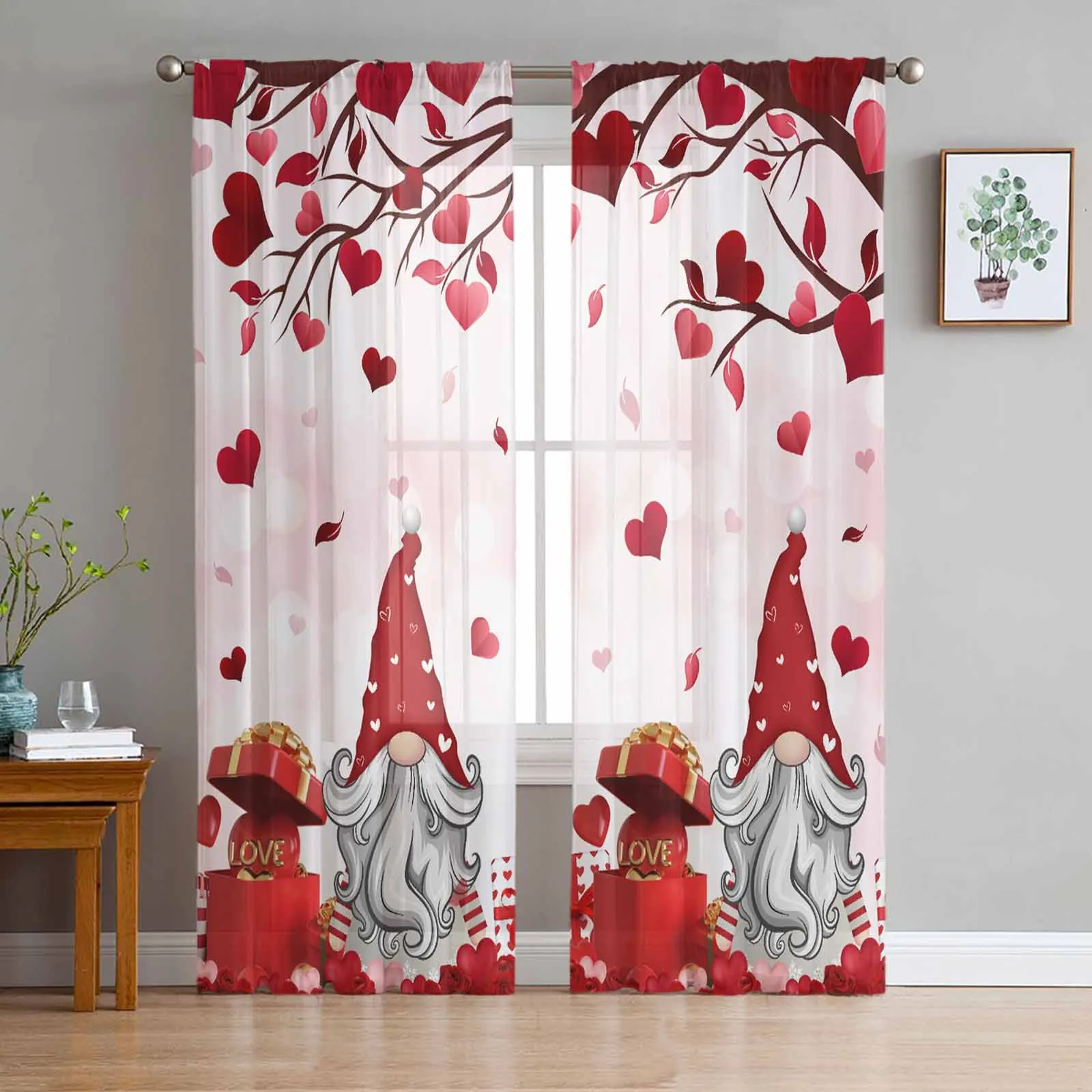 

Valentine'S Day Rose Heart Gnome Tulle Curtains for Living Room Sheer Curtain for Bedroom Kitchen Blinds Voile Curtains