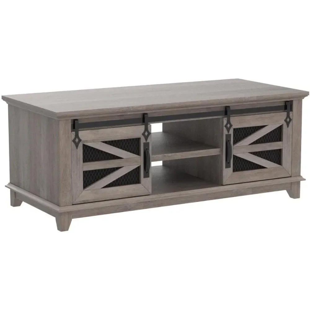 48'' Coffee Table with Storage & Sliding Barn Doors, Cocktail Table Adjustable Shelves, Table for Meeting Room, Light Rustic Oak 6