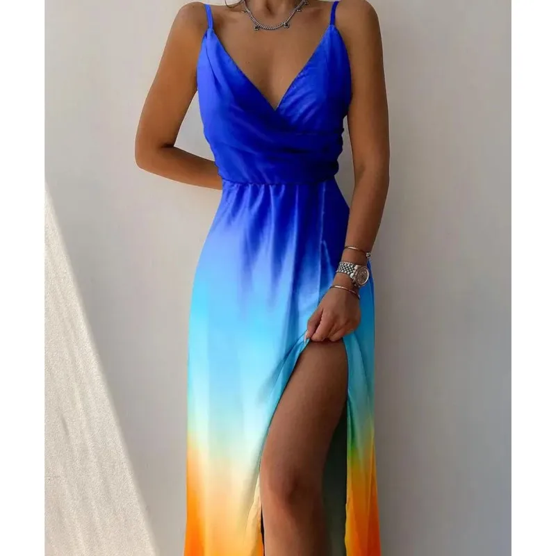 

Женское платье с V-образным вырезом, оранжевое или синее платье с широкой юбкой, элегантное платье с принтом на бретельках, лето