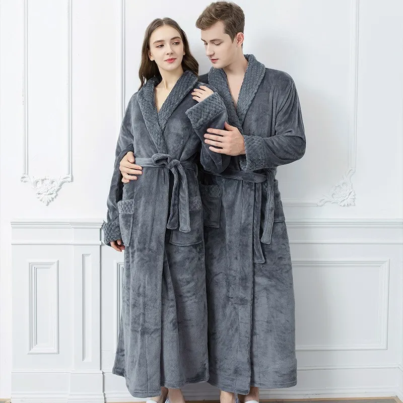 Mens Autumn and Winter Warm Long Coral Velvet Thick Couple Bathrobe Mens Pajamas Bathrobe Adult Bath Towel