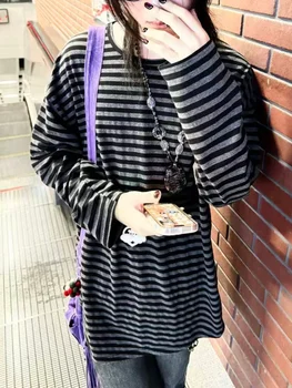 Japanese Y2k Clothing Long Sleeves T-shirt Autumn Women Striped Tops Loose Thin Grunge 2000s Streetwear Top 1