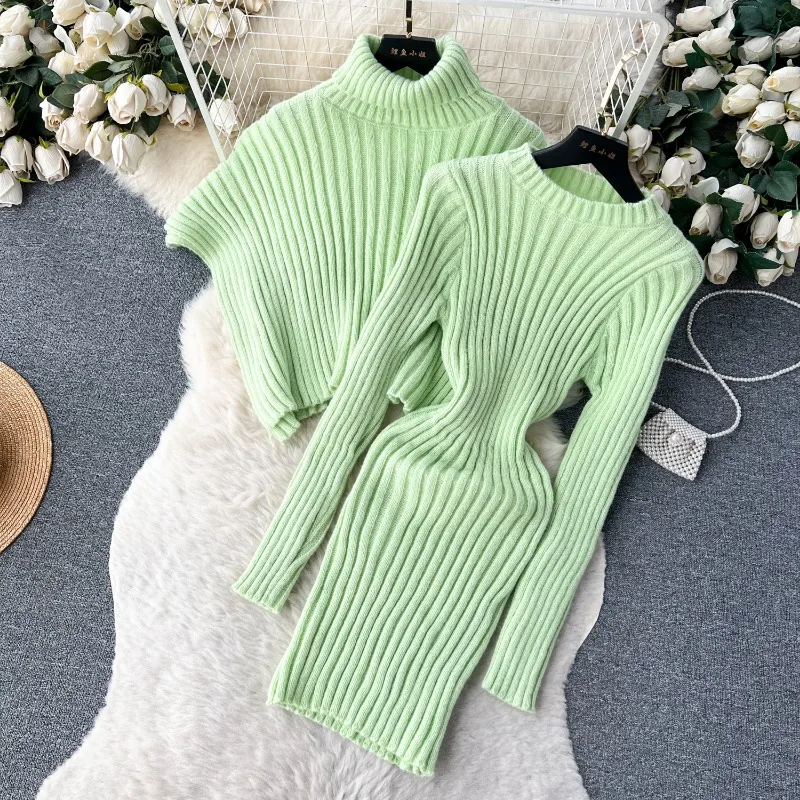 

Fashion Knit Two-piece Set for Women Autumn Winter Cloak Shawl Turtleneck Sweater with Slim Fit and Buttocks Wrapped Dress Set