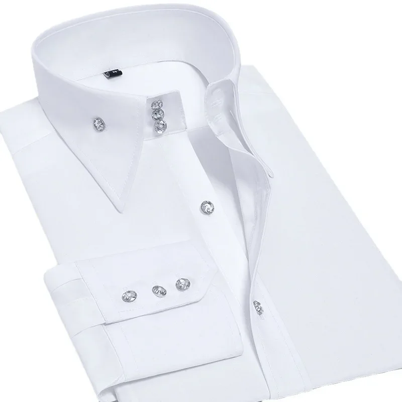 New Men\'s Long Sleeve Lined Crystal Button Shirt Elastic High Grade Business Leisure Slim Fit Trend Men\'s Shirt