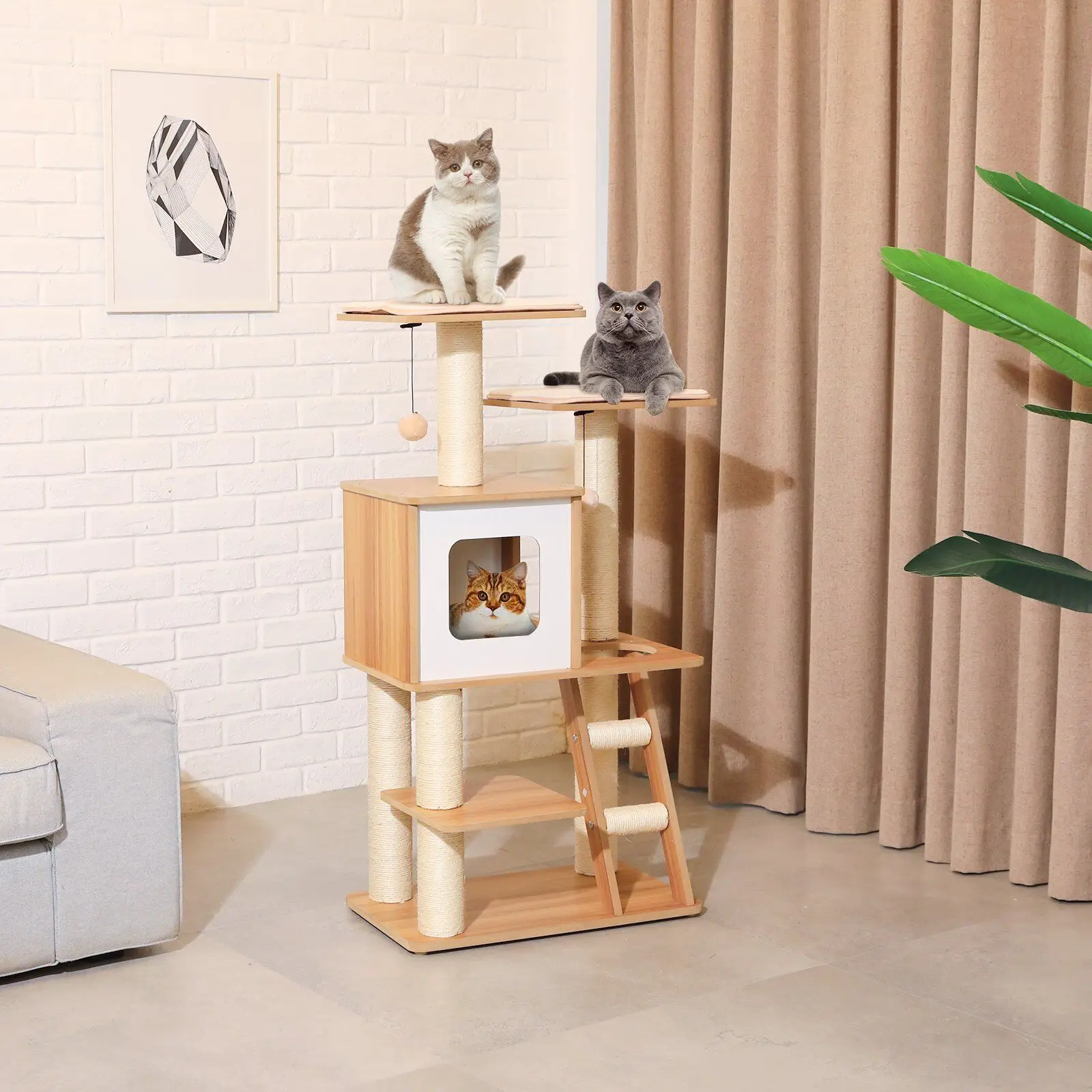a minimalist nordic style cat tree with an enclosed space and a cute ladder for cat