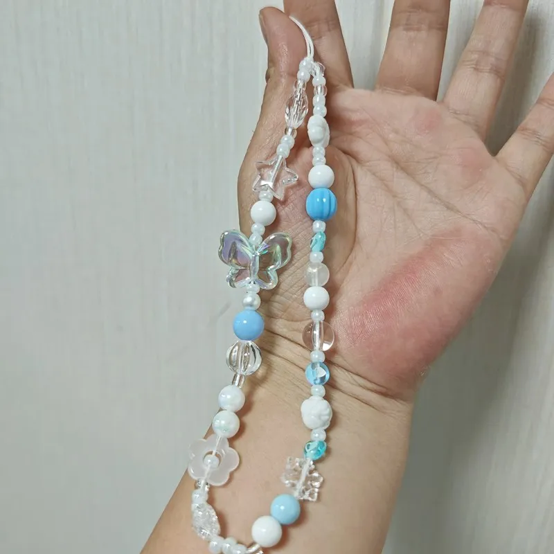 Blue Flower & Butterfly Beaded Phone Charm Lanyard Strap