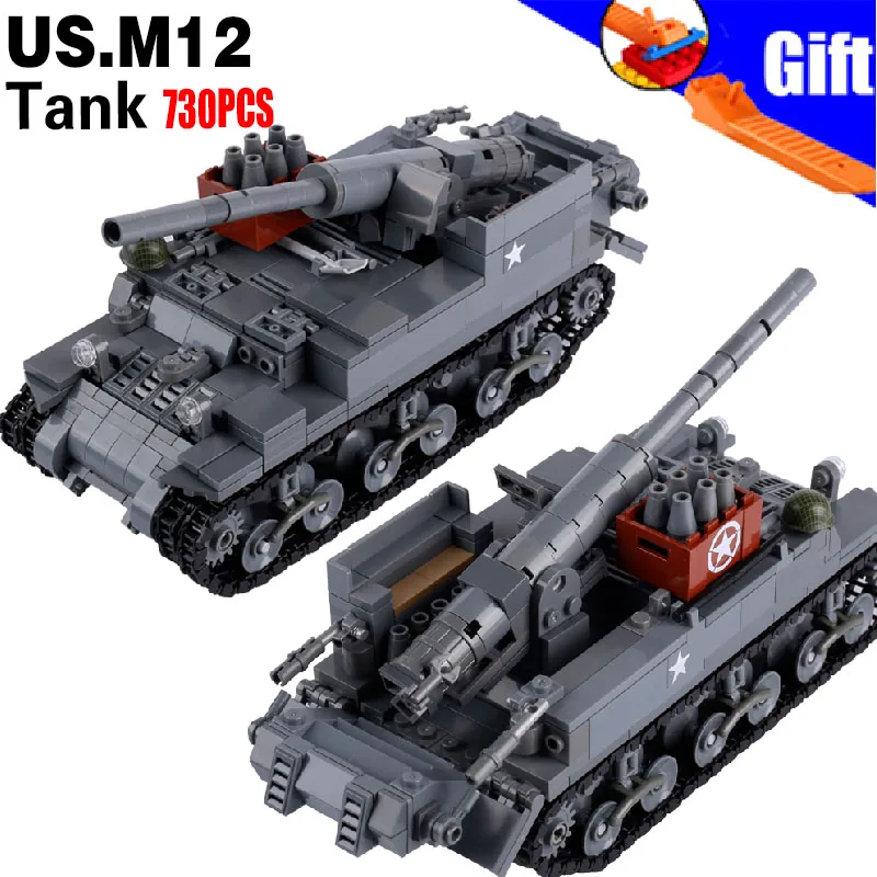 

MOC US M12 Self-propelled Artillery Building Blocks Military Armored Vehicle Main Battle Tank War Scene Bricks Toys Boys Gift