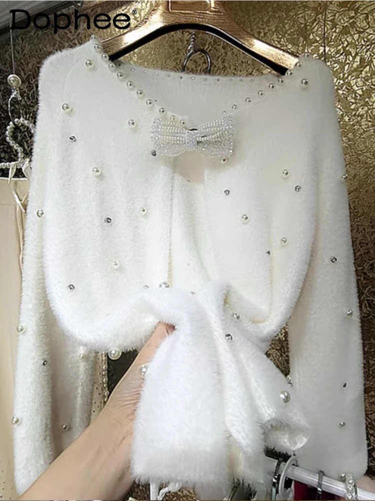 

Korean Autumn Winter New Super Flash Rhinestone Bow Decoration Full of Pearl Rhinestone Mink Coat Cardigan Sweater for Women