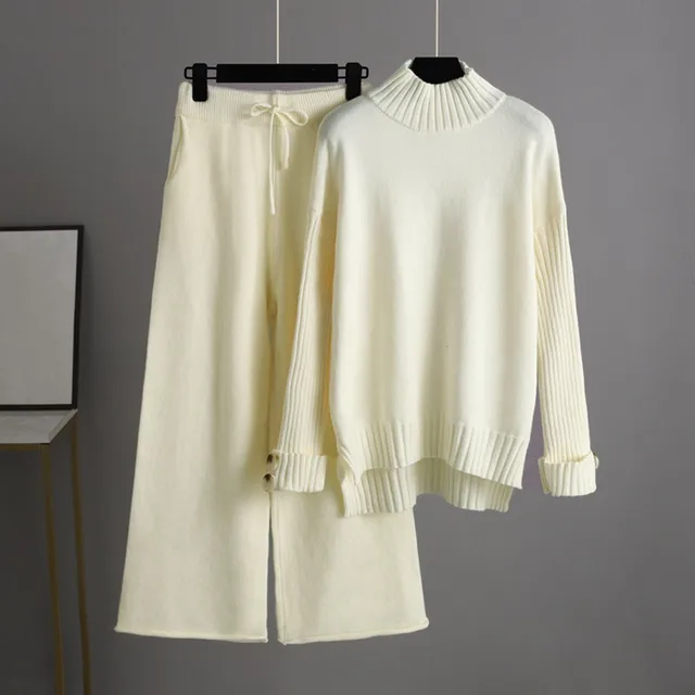 Women Knitwear Sets Long Sleeve with Buttons Turtleneck Side Slit Sweater Elastic Waist Wide Leg Pants Autumn Winter Outfits 4