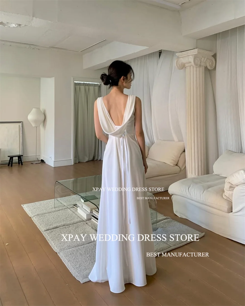 XPAY Elegant Scoop Neck Korea Wedding Party Dresses Cowl Backless Satin Customized Bride Dress Backless Bridal Gown Photos Shoot 2