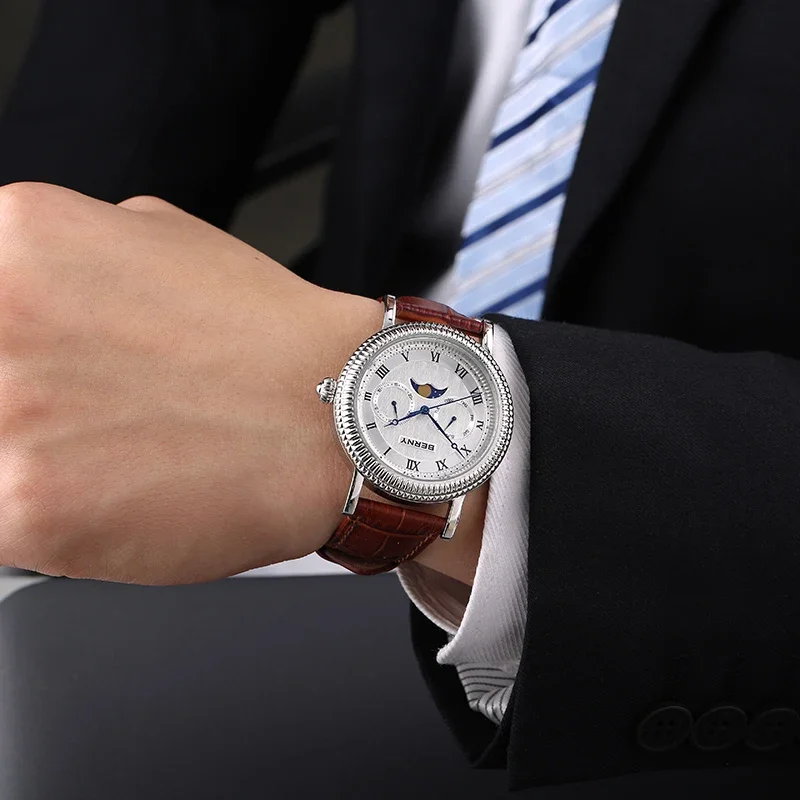 BERNY Moon Phase Quartz Watches for Men 40mm Dial Calendar Date Week Men's Watch Leather Strap Stainless Steel case Business