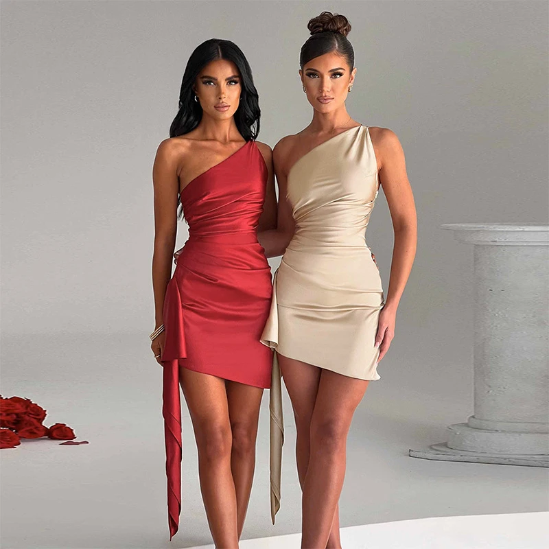 

Beach Dress Summer Women 2024 Bathing Suit Wear New Diagonal Shoulder Sleeveless Slim Sexy Solid Spandex Bikini Cover Up Fashion