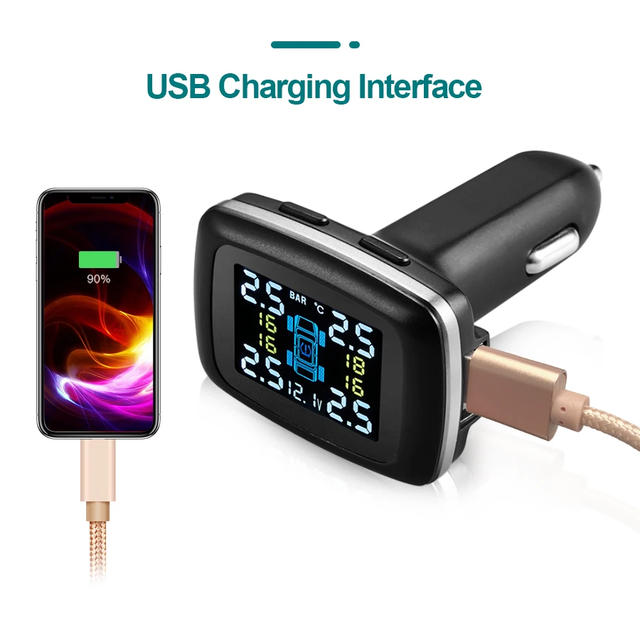 E-ACE Car TPMS Cigarette Lighter Charging Auto Tire Pressure Alarm Monitor System Display Tyre Pressure Temperature Secure Alarm