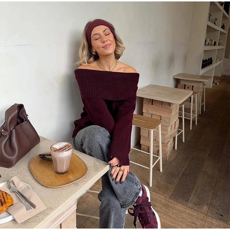 Suéter elegante burdeos con hombros descubiertos para mujer, jersey de punto de manga larga ajustado, prenda informal de punto de calle de primavera 2025