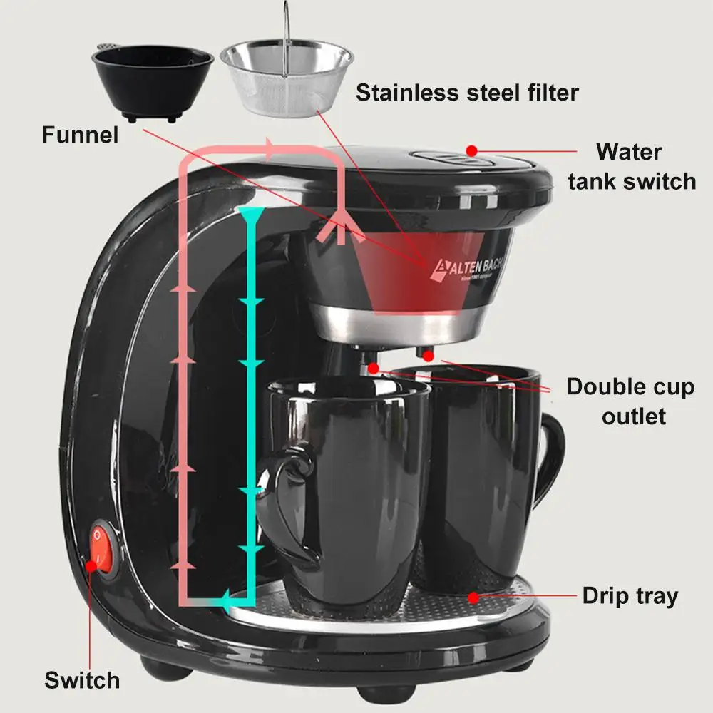 110V/220V 450W Household Electric Steam Drip Coffee Maker Automatic Dual Cup Coffee Machine Dual-use American Coffee Tea Machine 4