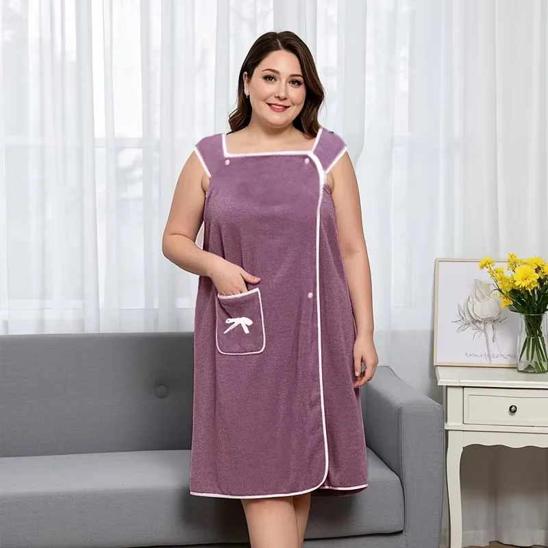 1Pc Women's Plus Size Wearable Bath Towel - Cute Bow Shower Skirt, Adjustable Bath Robe with Pocket. Soft Fabric for Home Use.