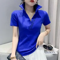 Polo Neck Shirt for Women Embroidery Baggy Plain Woman T Casual Tops Korean Clothing Luxury Basic High Quality Synthetic New - Image 3