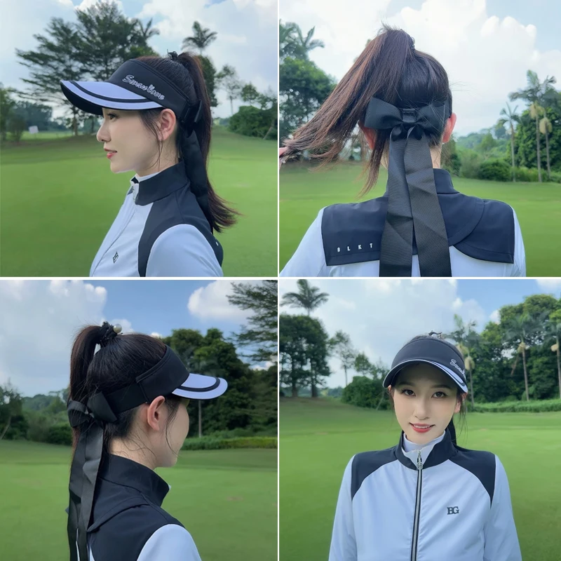 Swan Love Golf New Empty Top Cap Contrasting Color Sunscreen Adjustable Breathable Sports Golf Hat for Women with Bowknot Ribbon