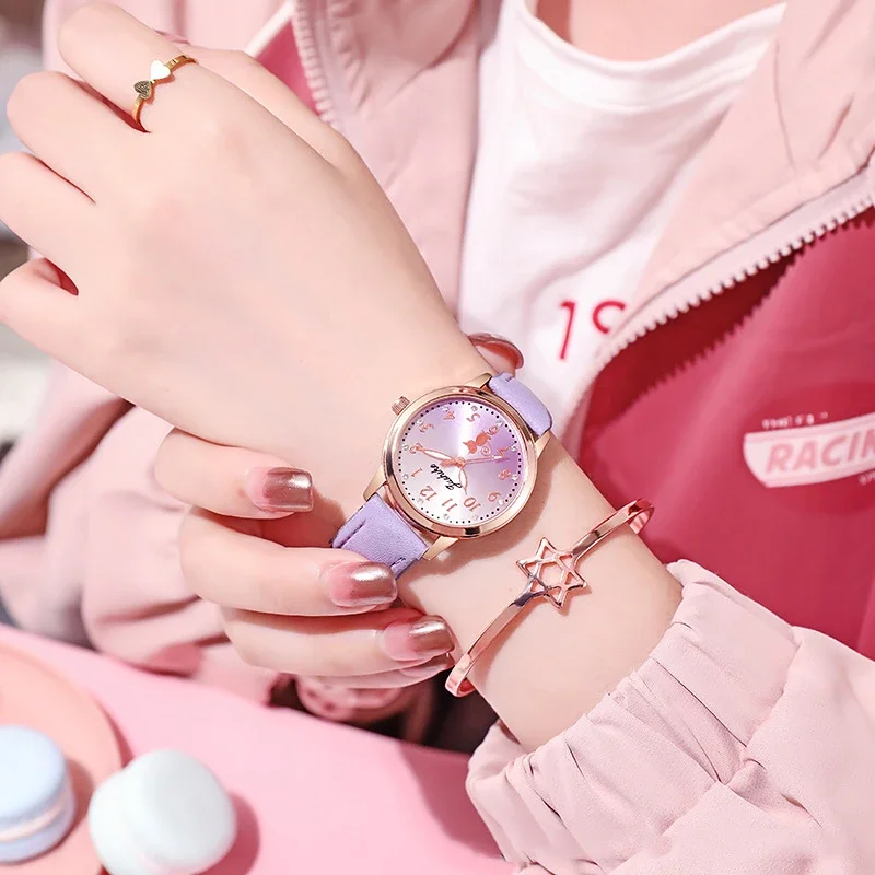 Cute Cat Pattern Casual Simple Rhinestone Quartz Wristwatch for Girls Student Leisure Style Watch Gradient Color Retro Watch