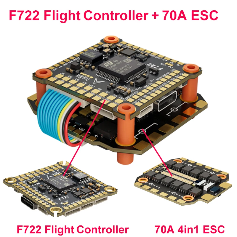 Câblage du stack DAKEFPV F722 6S 55A avec contrôleur de vol et ESC pour drone FPV