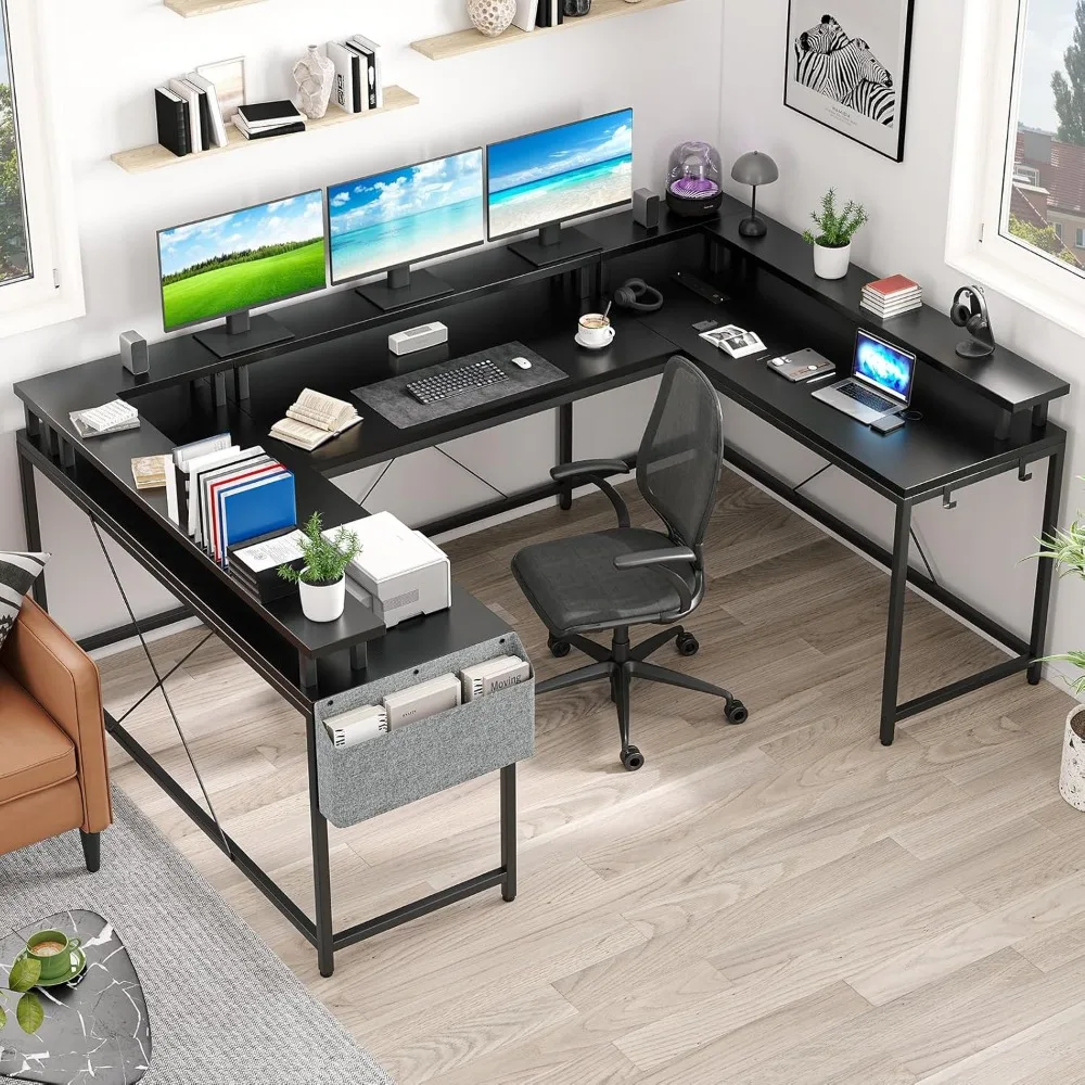 U Shaped Computer Gaming Desk, Reversible L Shaped Desk with Power Outlets, LED Strip & Monitor Stand, Large Corner Desk with S 2