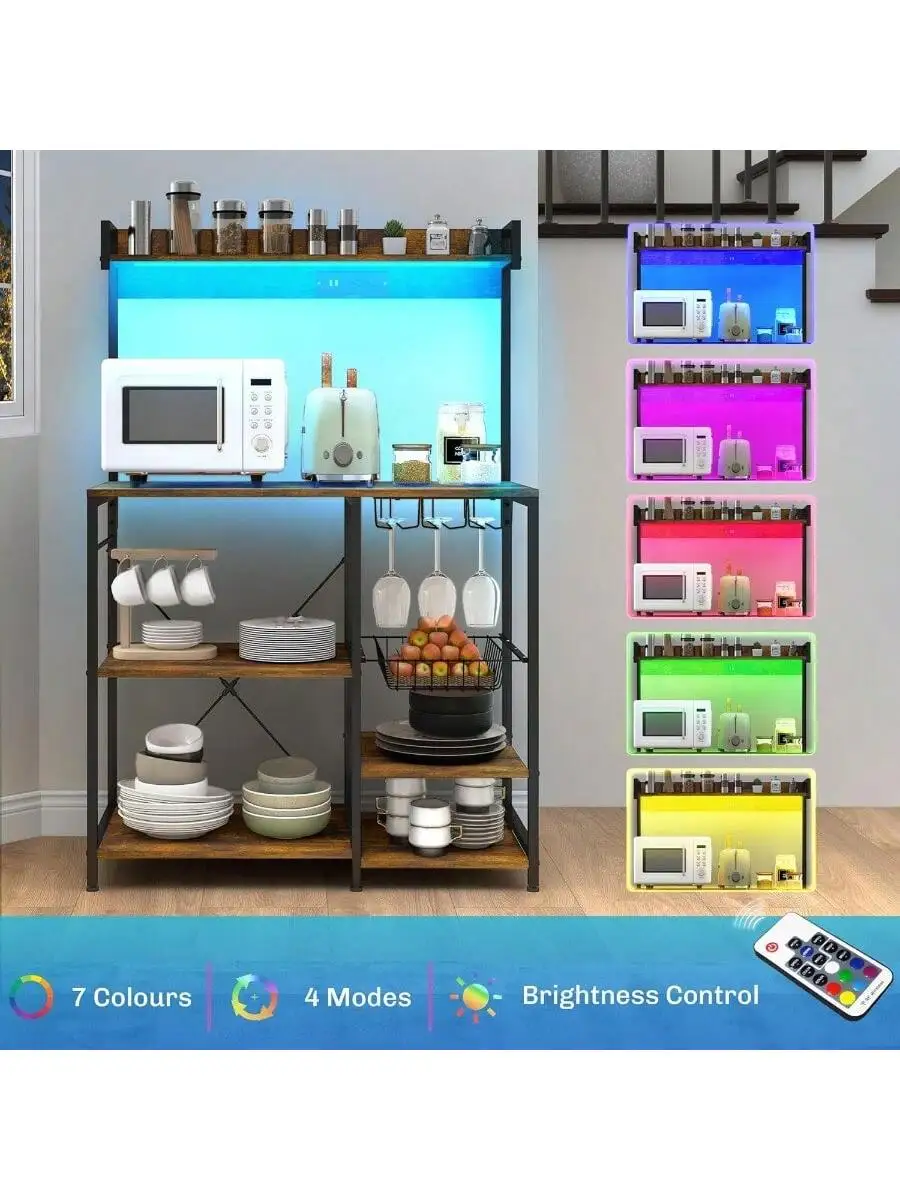 HOMCOM Bakers Racks with Power Outlet and LED Lights Coffee Bar Table for Kitchens with Storage Microwave Stand with Gla 5