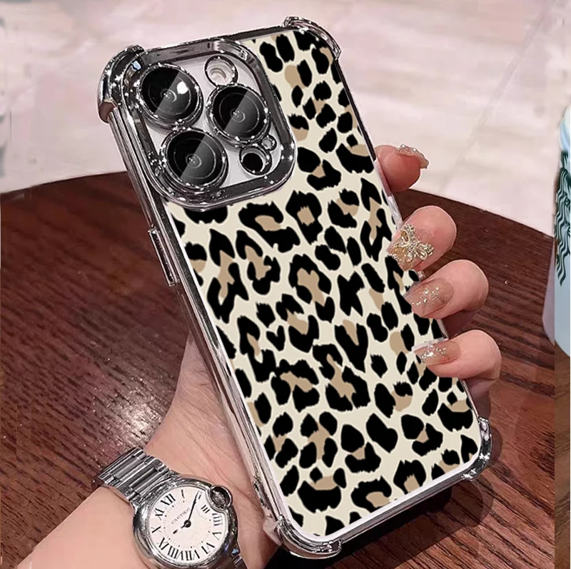 Leopard Print Transparent Shockproof Fashion Case with Plating Design