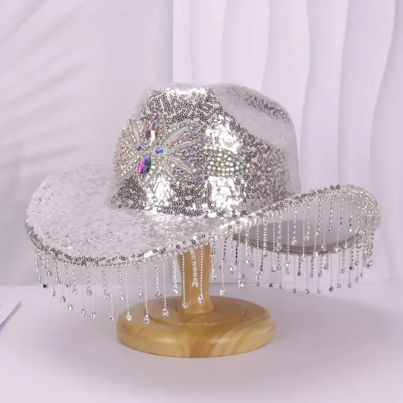 HongLuan Silber Glitzer Quasten Pailletten Disco Cowboyhüte Damen, Cowboyhüte, Festivalaccessoires, Cowgirl Partydekorationen – Detail 28