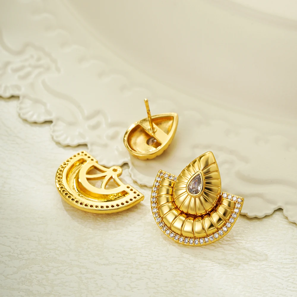 Retro Inlaid Crystal Geometric Sector Stud Earrings Polished Stainless Steel Gold Color Waterdrop Dome Drop Earring Punk Jewelry