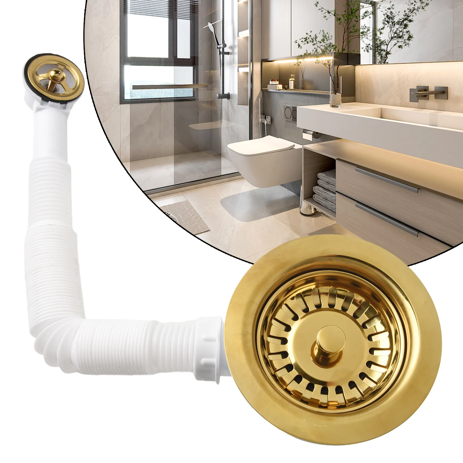 Drain Sink Downcomer 114MM Gold-Plated Strainer Overflow Anti Corrosion Stainless Steel Kitchen Strainer For Open Hole 86-95