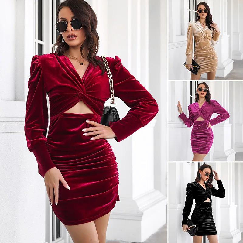 

Винтажное платье из дробленого бархата, с длинным рукавом-фонариком, с высокой талией, мягкое миди-платье для вечеринки, клуба, дня рождения, женская короткая юбка