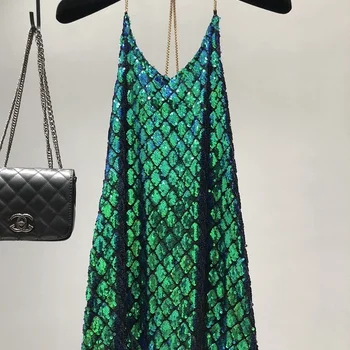 금속 행잉 넥 스팽글 백리스 홀리데이 스커트, 어깨 끈이 달린 섹시한 드레스, 파티 나이트 클럽 원피스, 여름 2024 원피스