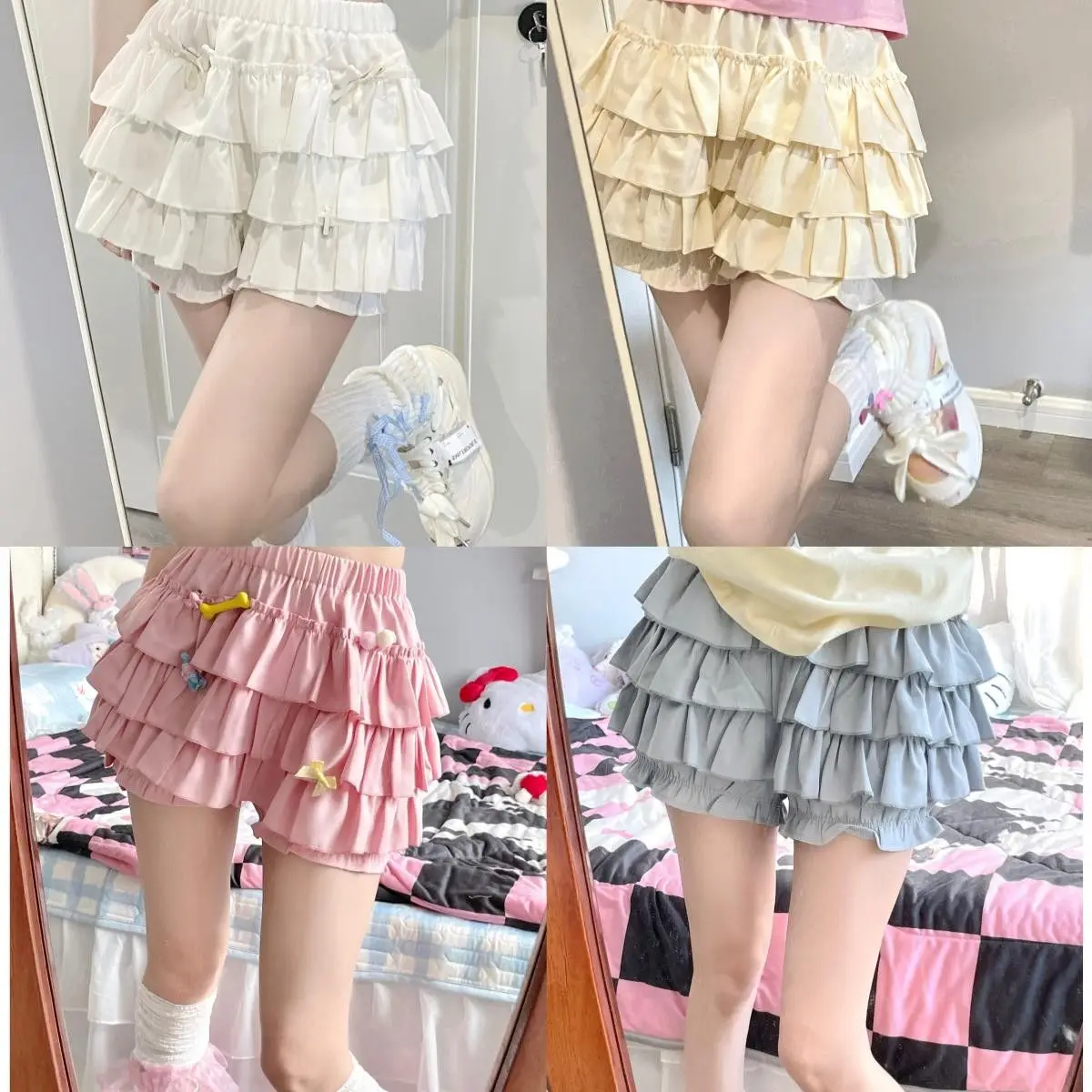 

NIGGEEY Japanese Style Girls Thin Sweet and Versatile Bustier Wooden Ear Lace Pink Pumpkin Pants Fluffy Cake Skirt A-line Skirt