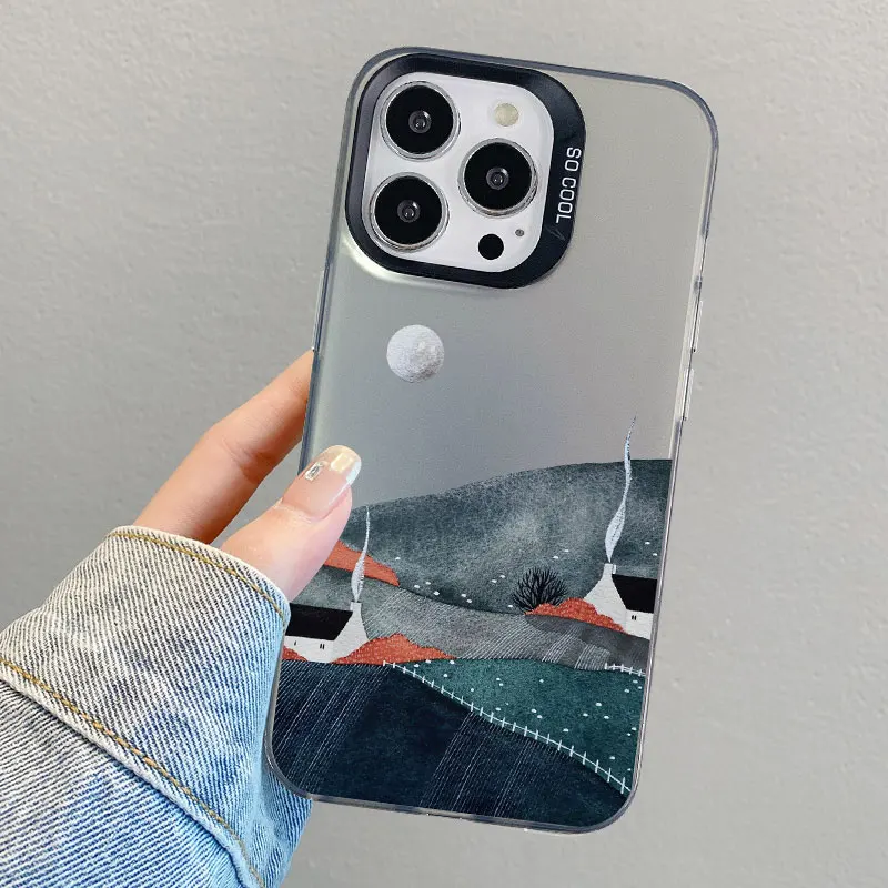 Mountain Landscape Cottage Minimalist Style Painting Phone Case For IPhone 16 15 Plus 16 15 14 13 12 11 Pro Max Mini Laser Cover – Detail 11