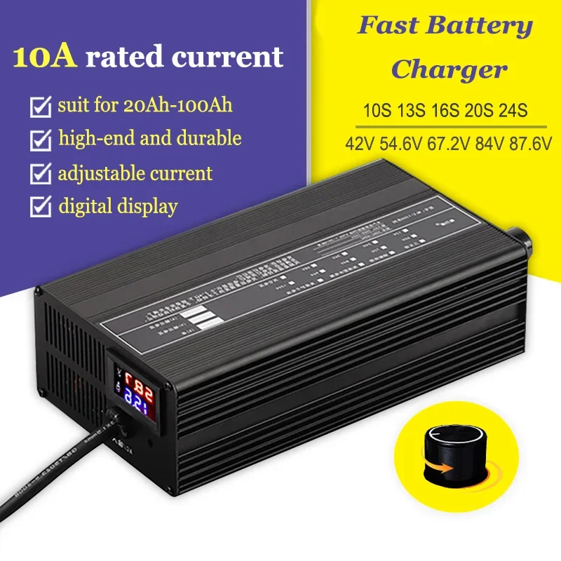 

10A 48V 58.4V 72V 60V 67.2V 84V Li-ion LiPo Lifepo4 Lithium Battery Charger Curren Adjust 13S Fast Charge ebike 16S 20S 24S