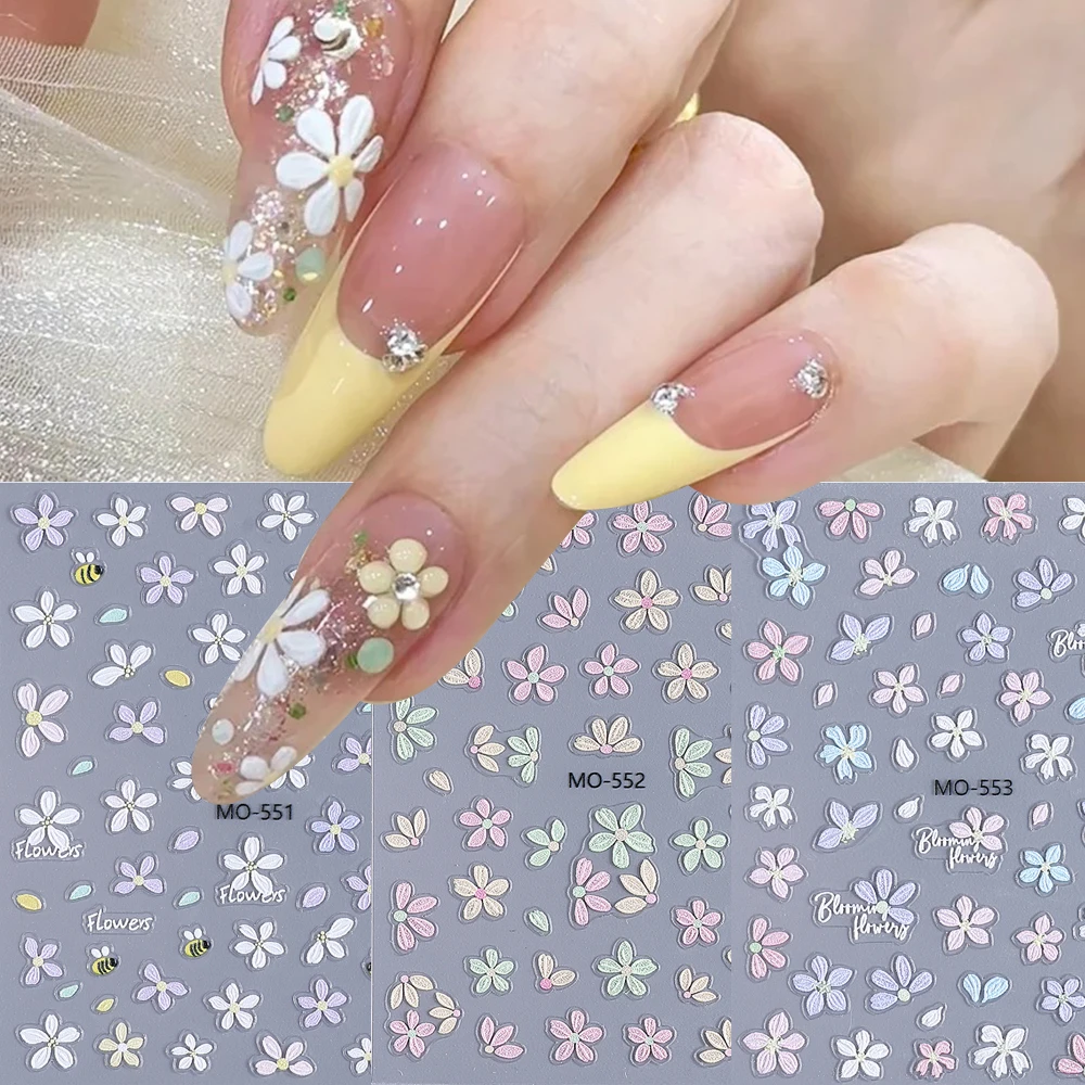 3pcs 봄 여름 꽃 3D 네일 아트 스티커 새겨진 꽃 데이지 체리 꽃무늬 접착 네일 데칼 DIY 매니큐어 네일 랩