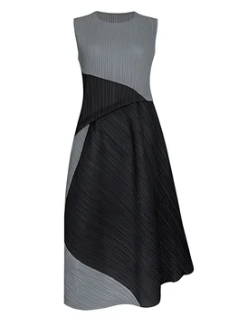 Miyake Folds 2024 Summer New Niche Design Color Contrast Women's Dress Loose Irregular Splicing Round Neck Skirt 1
