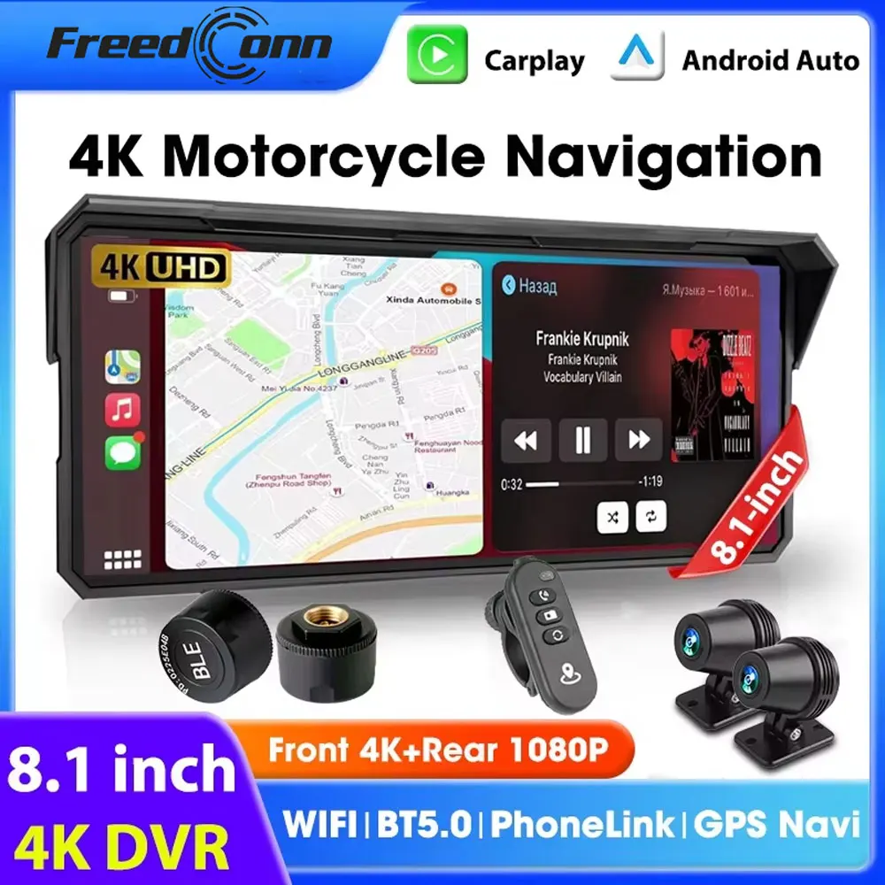 Navigatore GPS Freedconn per moto, DVR, Carplay, Android Auto, portatile, 8.1 pollici, IP67 impermeabile, registratore wireless per moto, monitor.
