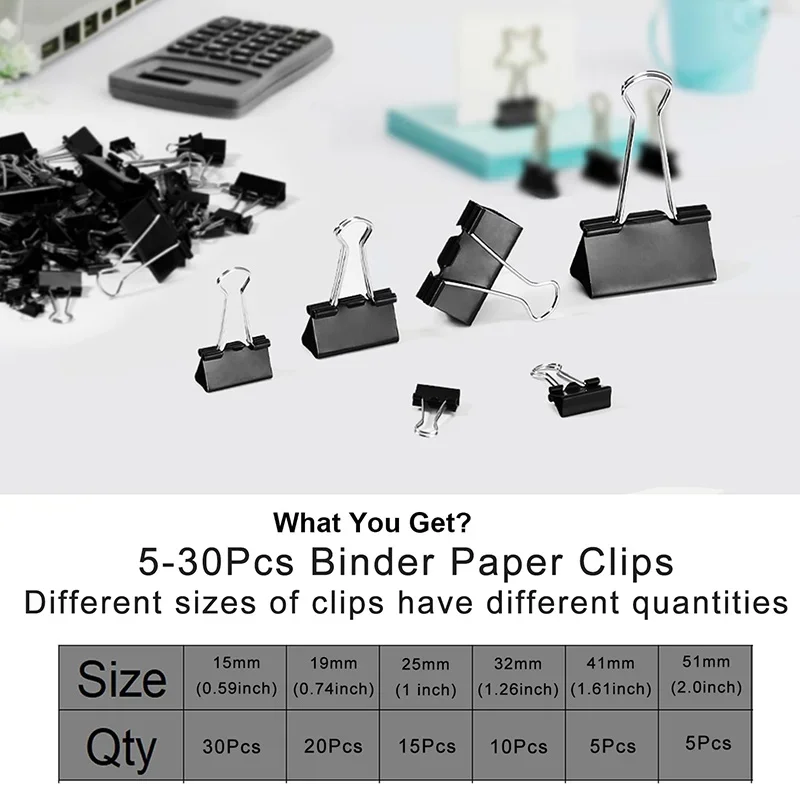 Binder Clips 5-30Pcs Binder Clips Metal Fold Back Clips Small Paper Clip Clamp 15/19/25/32/41/51mm Office Clip for Home School Office Storage