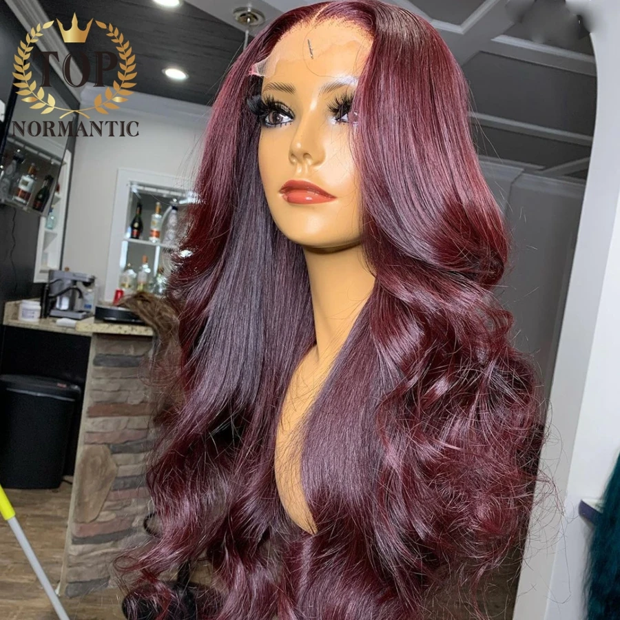 Topnormantic  99J Color 13x4 Lace Front Wigs For Women Body Wave Remy Brazilian Human Hair Wig with Pre Plucked Hairline