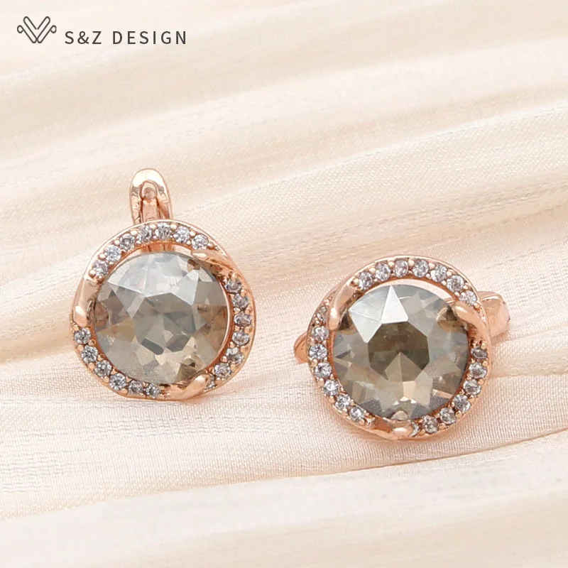 S&Z DESIGN New Fashion Rose Gold Color Round Crystal Dangle Earrings Cubic Zirconia Eardrop For Women Wedding Elegant Jewelry
