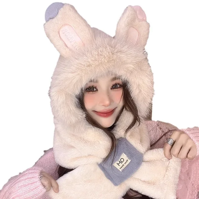 Rabbit Ears Plush Scarf and Hat Two Piece Set 5