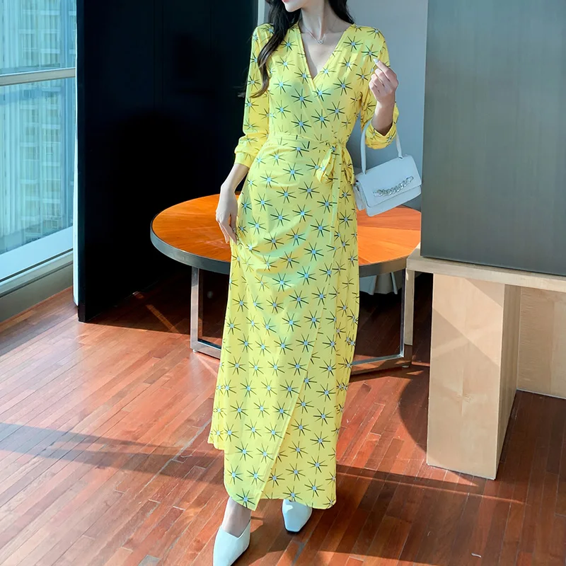 

robe femmes Women Deep V Neck Yellow Print Maxi Dress elbise Vintage Boho Lace-Up A-Line Long Dresses Sexy Beach Party Vestidos