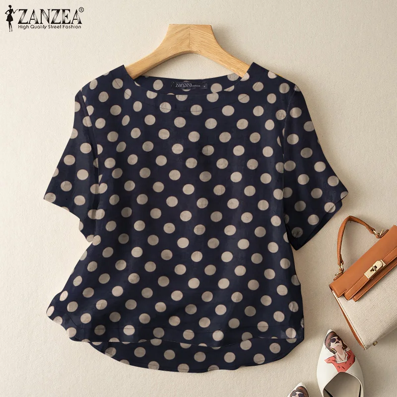 ZANZEA Casual Lose Polka Dot Blusen Frauen 2024, Sommer Halbe Hülse O Neck Blusas Mujer Urlaub Mode Alltag Shirt Tops – Detail 9
