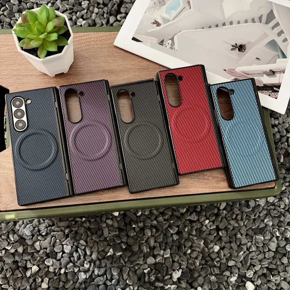 Luxury Carbon Fiber Magnetic Hinge Phone Case with Wireless Charging and Shockproof Bumper Cover