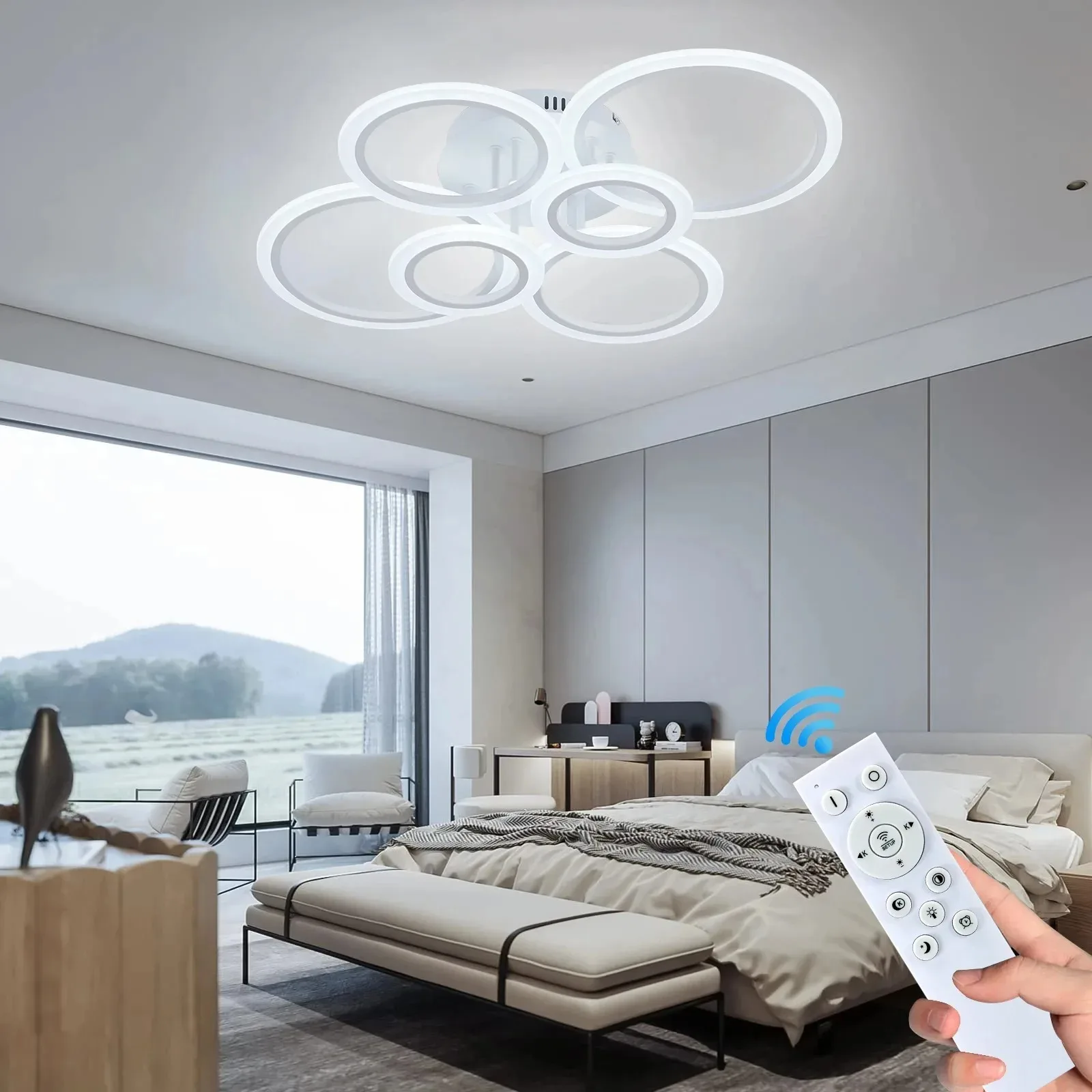 Modern LED Ceiling Light Ring Pendant with Remote Control Acrylic Household Chandelier Bedroom Living Room Kitchens Interior