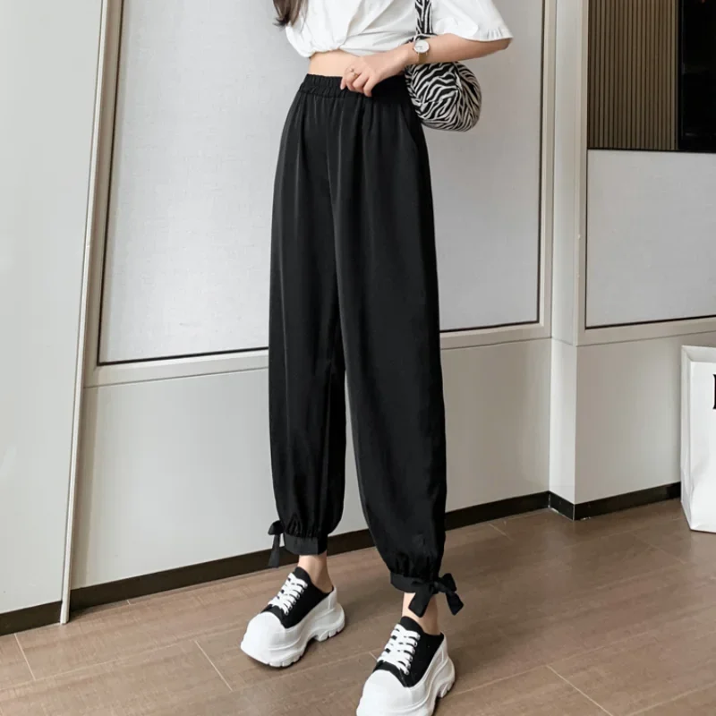Women Korean Fashion Print Ankle Banded Pants 2024 Casual Loose Bloomers Chiffon Pant Female Comfortable Summer Trousers Sweet