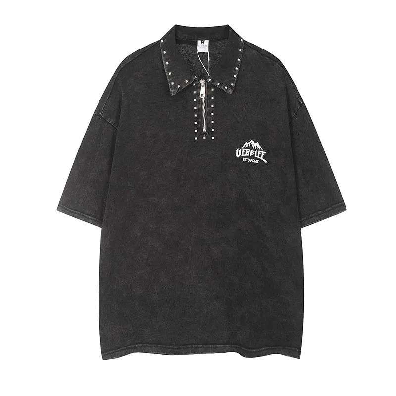 

Рубашка-поло мужская с заклепками, винтажная модная уличная одежда, топ оверсайз в стиле хип-хоп, свободный крой, с коротким рукавом