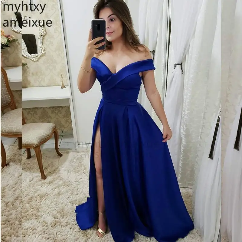 

Long Sexy Plus Size Evening Dresses V-neck Satin Zipper Back Side Slit Off Shouler Mal Robe De Soiree 2023