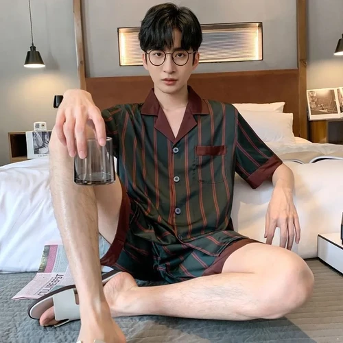 Spring/Summer Korean Version of Pajamas For Men Bathrobes Pajamas Men Summer Loose Fitting Thin Ice Silk Bathrobes Home Clothing 6