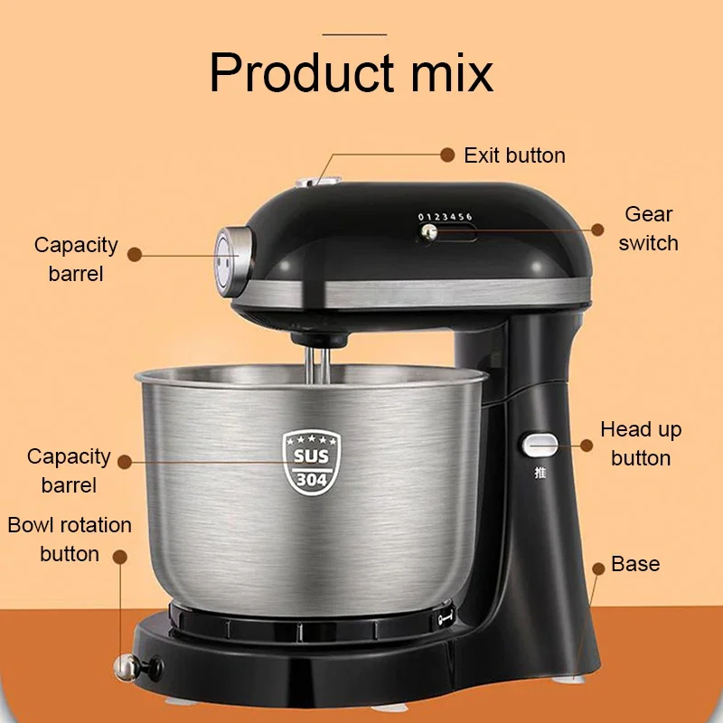 4L Stainless Steel Bowl Electric Stand Food Mixer Egg Beater Cream Blender Handheld Whisk Cake Bread Dough Kneading Machine 4
